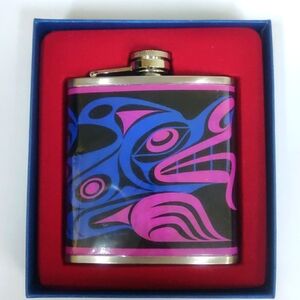 Wolf Indigenous design by Joe Wilson Hip Flask 6oz Stainless Steel